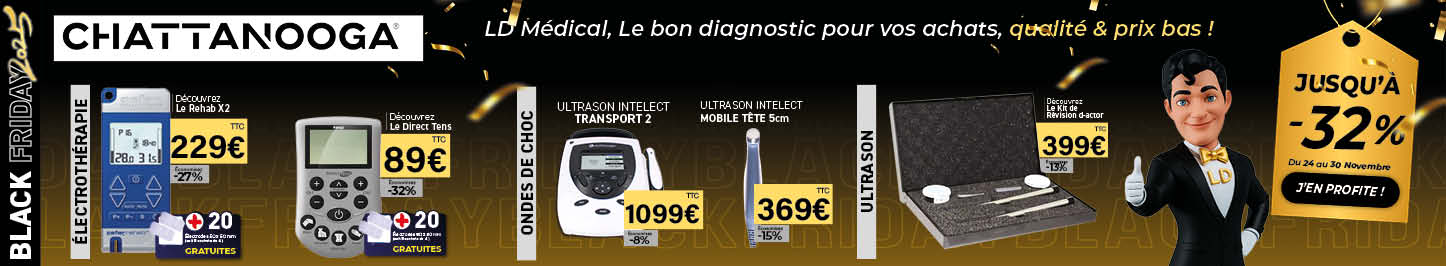 Bannière Black Friday Drexco Medical mettant en avant les appareils Chattanooga, dont le Rehab X2, le Direct Tens, l’ultrason Intelect Transport 2, l’Intelect Mobile tête 5 cm et le kit de révision d-actor, avec réductions jusqu’à ?32%.